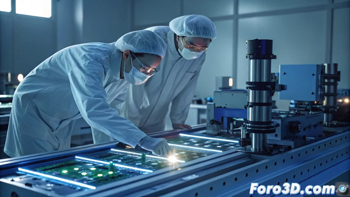 Diagrama técnico mostrando el funcionamiento del escáner EUV con tecnología de armónicos, comparando escalas de miniaturización con sistemas tradicionales