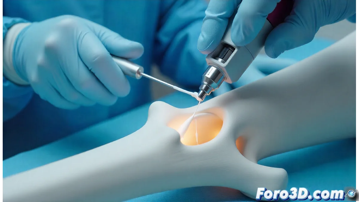 Cirujano utilizando pistola de impresión 3D de hueso durante procedimiento quirúrgico para reparar defecto óseo con bio-tinta especializada.