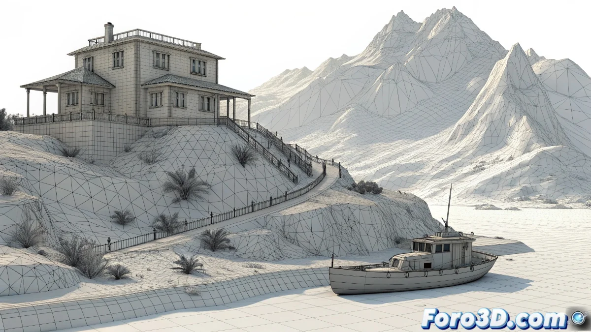 Modelado 3D de la playa virgen de Cofete con la Villa Winter en Fuerteventura, mostrando el paisaje desértico y la arquitectura misteriosa de la supuesta base nazi.