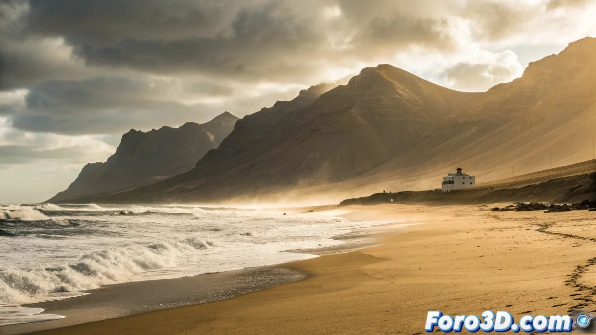 Modelado 3D de la playa virgen de Cofete con la Villa Winter en Fuerteventura, mostrando el paisaje desértico y la arquitectura misteriosa de la supuesta base nazi.