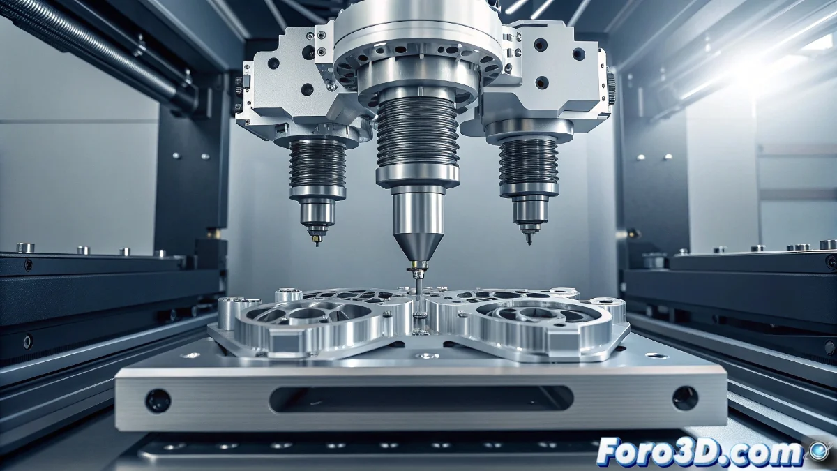 Sistema de fabricación aditiva M Line 4 x 1kW de Colibrium Additive mostrando el cabezal multi-láser y la plataforma de impresión en funcionamiento, con piezas aeroespaciales complejas en primer plano.
