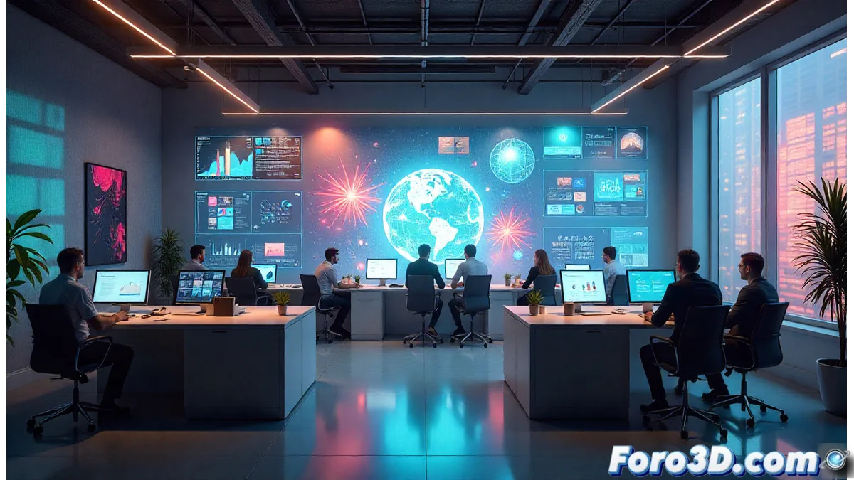 Logotipo moderno de Nexus Creative Communications con elementos de conexión y colores vibrantes, representando innovación y colaboración en un entorno digital.