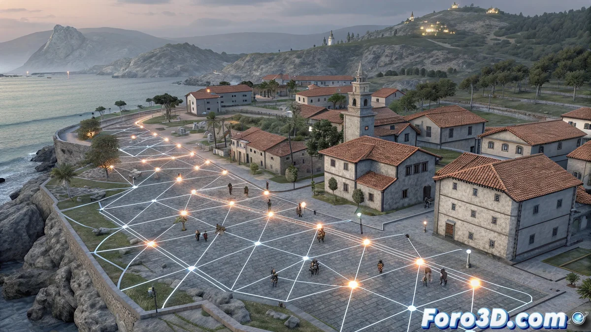 Escena 3D del pueblo de Combarro en Blender mostrando hórreos junto al mar, cruceiros en encrucijadas y efectos de niebla con símbolos protectores contra meigas gallegas.