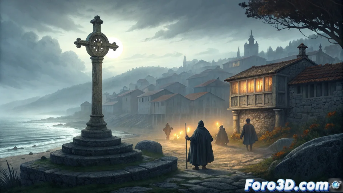 Escena 3D del pueblo de Combarro en Blender mostrando hórreos junto al mar, cruceiros en encrucijadas y efectos de niebla con símbolos protectores contra meigas gallegas.
