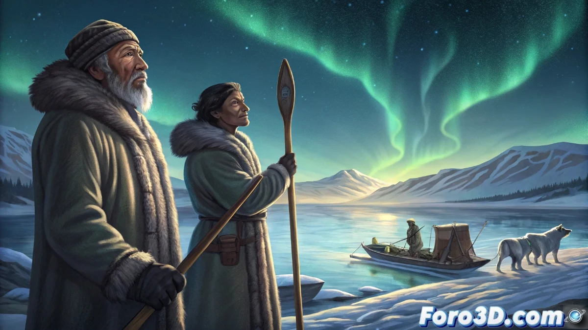 Investigador científico y guía indígena colaborando en observaciones del ecosistema ártico con instrumentos modernos y métodos tradicionales