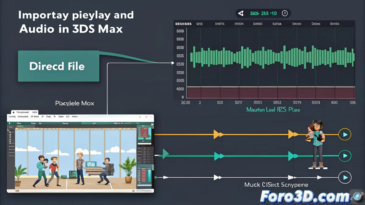 Captura de pantalla de 3ds Max mostrando la ventana Track View-Dope Sheet con un archivo de audio cargado y su forma de onda visible en la línea de tiempo