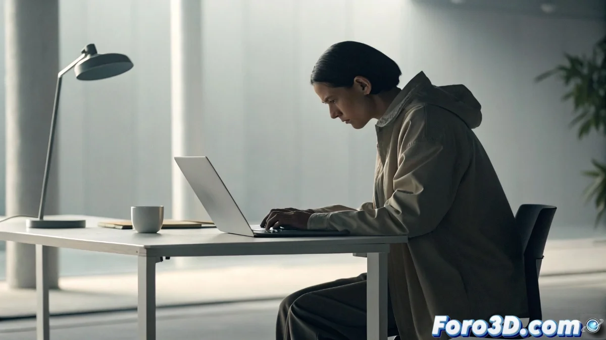 Persona trabajando concentrada en un escritorio ordenado con un solo monitor, bloqueando distracciones digitales