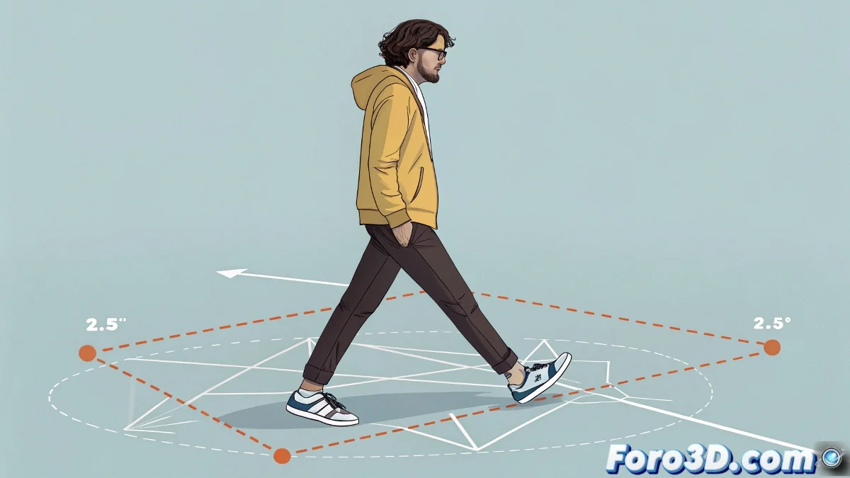 Captura de 3ds Max mostrando un personaje vinculado a un trazado con Path Constraint, con medidas de zancada y el helper Tape visibles