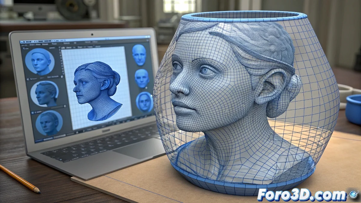 Proceso de Extrude Faces Along Normals en Blender mostrando caras siendo extruidas a lo largo de sus normales individuales, con visualización de las líneas normales y el grosor resultante.