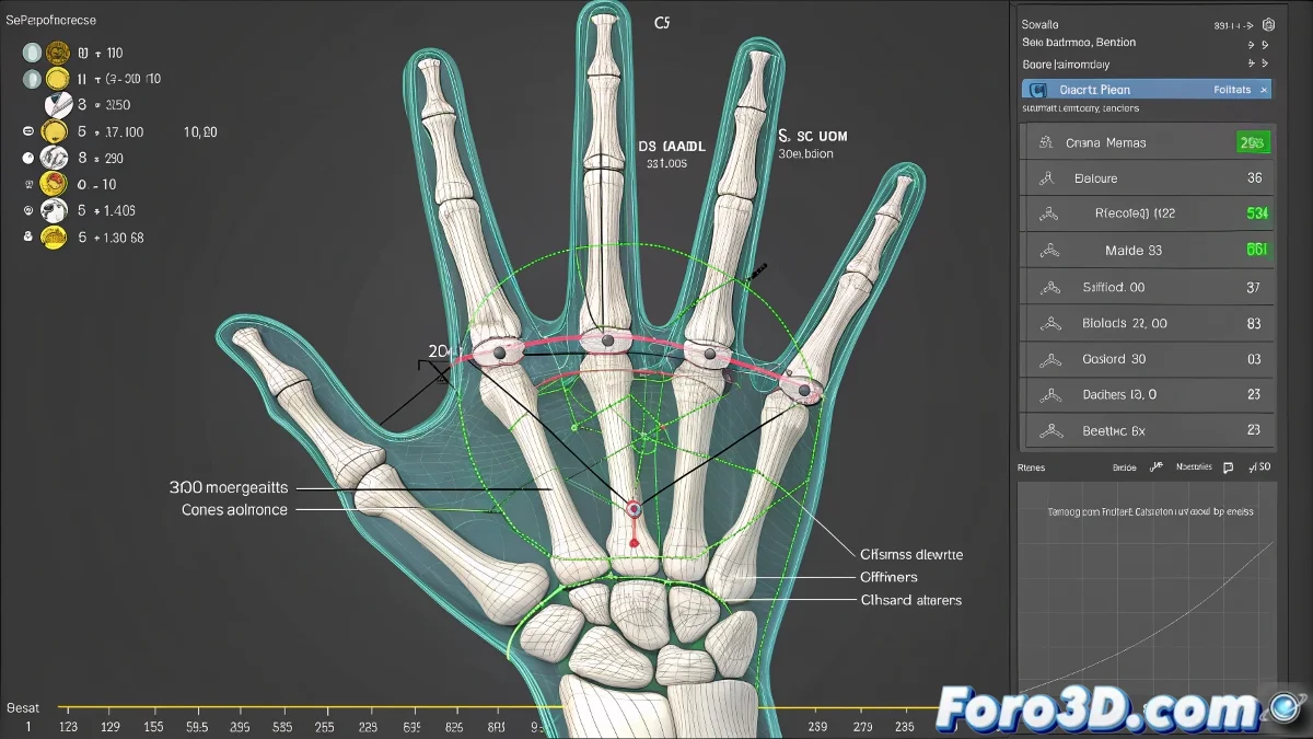 Vista de 3ds Max 2025 mostrando rig de mano con Tape Helpers marcando medidas biomecánicas, ventanas de Bone Tools y Transform Type-In visibles con valores exactos