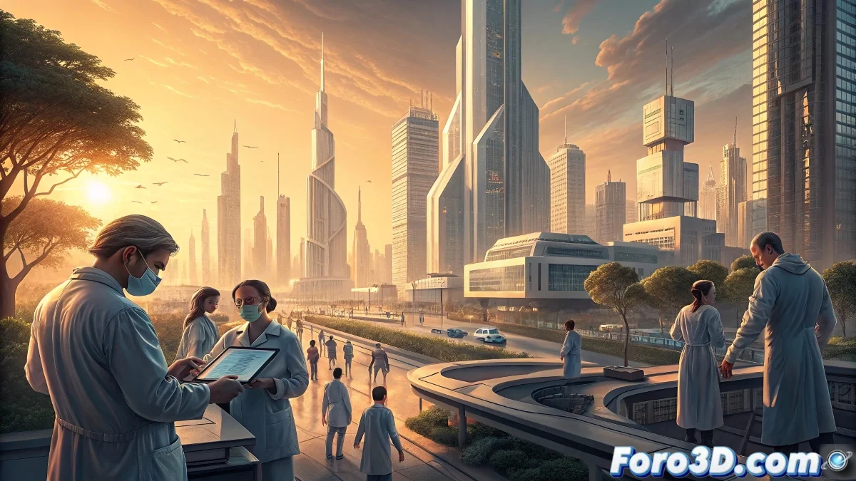 Futuro tecnológico con humano colaborando con IA, mostrando interfaz holográfica, automatización inteligente y símbolos de transformación digital en entorno urbano avanzado.