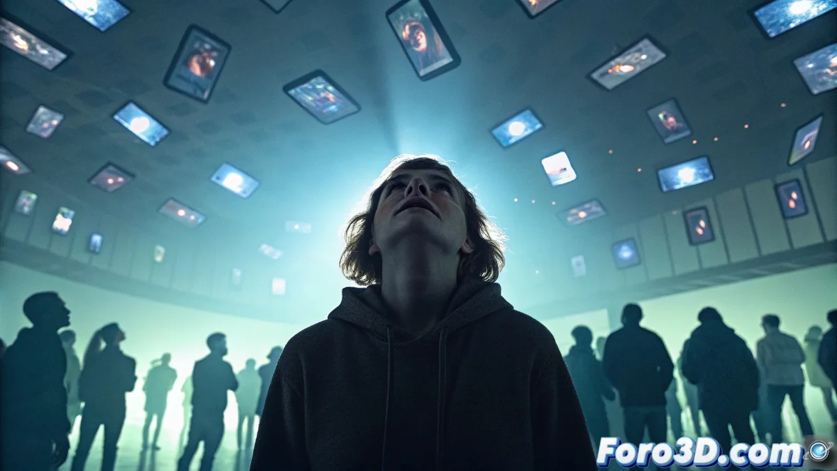 Persona contemplando su teléfono móvil mientras fuera de la ventana se ven múltiples siluetas siguiendo tendencias virales idénticas