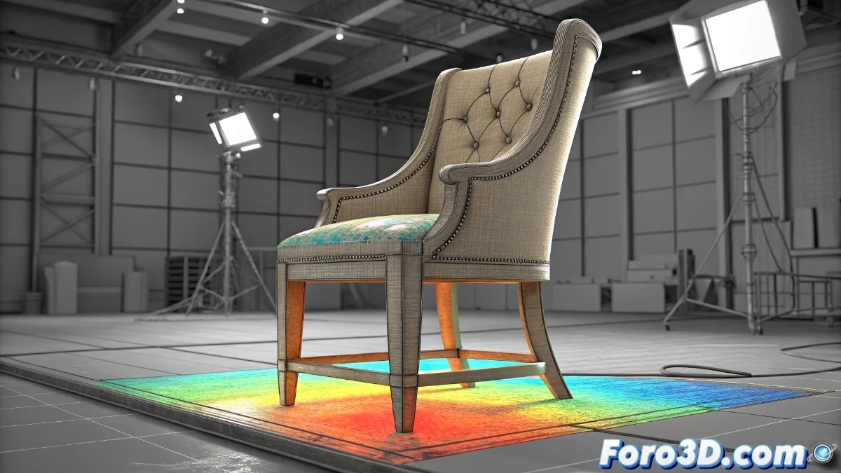 Vista en perspectiva 3D de un modelo de silla con armadura de huesos en Blender, mostrando influencia de pesos con colores cálidos
