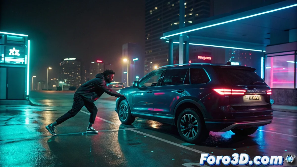 Protagonista atrapado en un coche futurista con pantallas digitales reflejadas en los cristales, mostrando tensión.