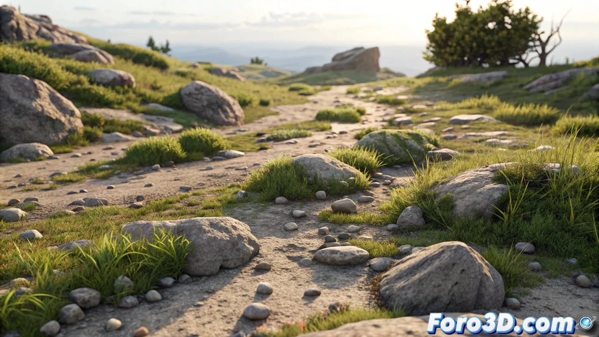 Vista en perspectiva 3D de un terreno con múltiples instancias de rocas y vegetación distribuidas mediante el modificador Scatter on Surface en Blender 5, mostrando parámetros de densidad y rotación variados.