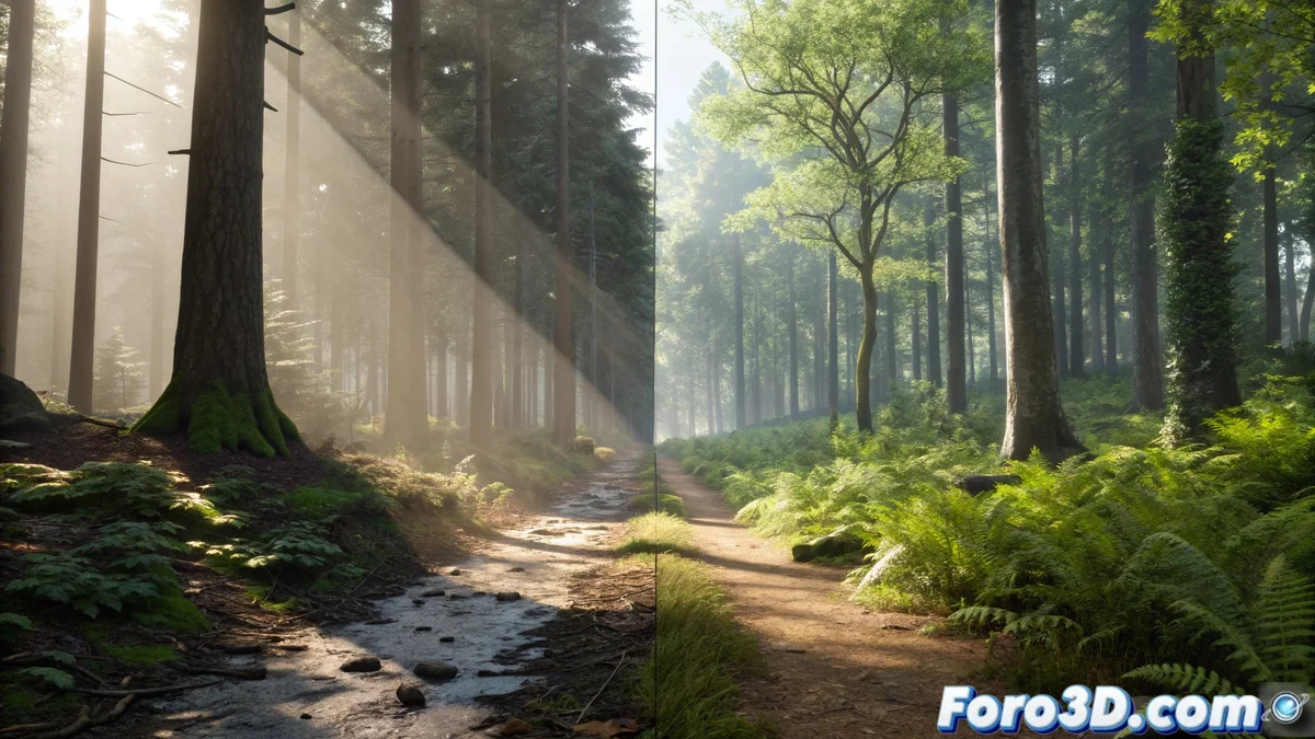 Comparativa visual entre una escena hiperrealista en Unreal Engine y una previsualización rápida en Blender Eevee mostrando diferencias en iluminación y detalle geométrico.