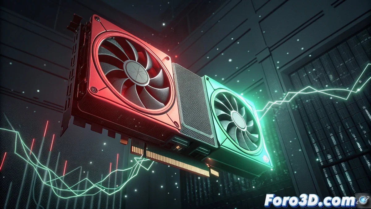 Comparativa visual entre las tarjetas gráficas AMD Radeon RX 9070 y NVIDIA RTX 5070 mostrando rendimiento en juegos AAA