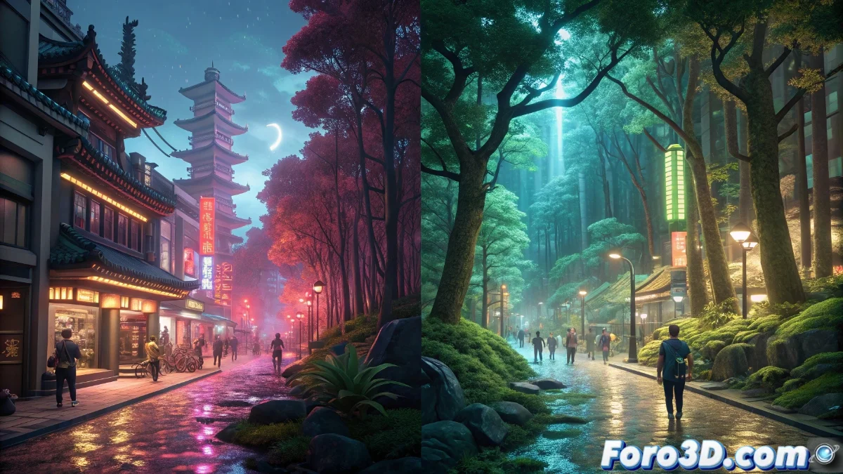 Comparativa visual entre escenas urbanas detalladas de Dragon Engine y entornos versátiles de Unreal Engine mostrando iluminación y geometría avanzada.