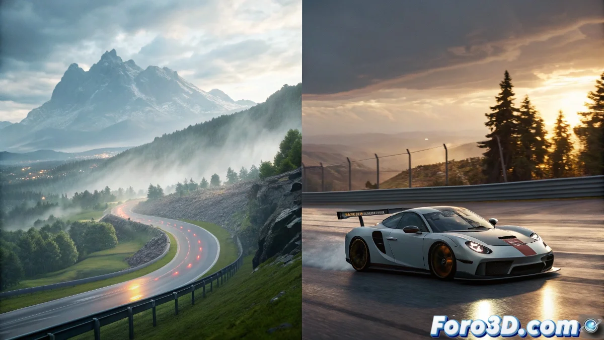 Comparativa visual entre Ego Engine mostrando un coche de carreras en pista dinámica y Unreal Engine con escena de mundo abierto y efectos de iluminación avanzada