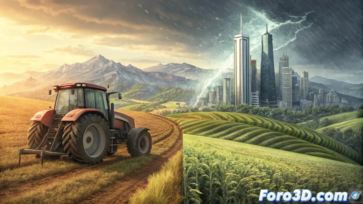 Comparativa visual entre escena de Farming Simulator creada con Giants Engine 10 y entorno hiperrealista desarrollado en Unreal Engine 5