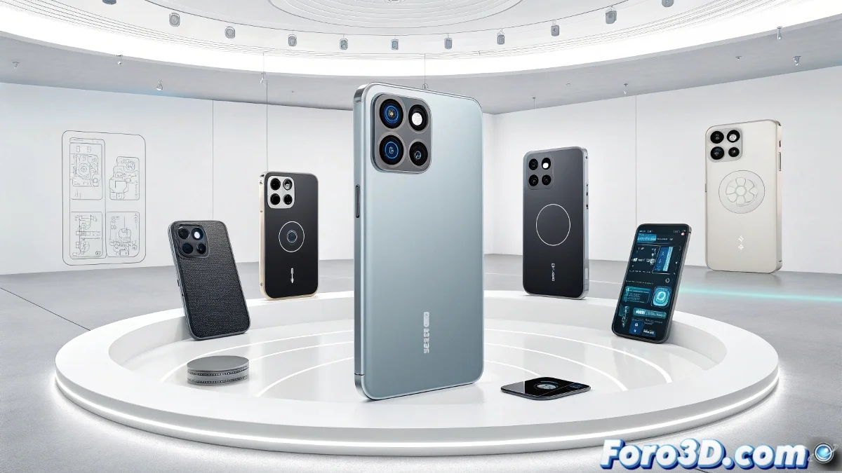 Diseñador trabajando en un accesorio modular para teléfono en software 3D, con impresora 3D en segundo plano imprimiendo un prototipo del diseño.