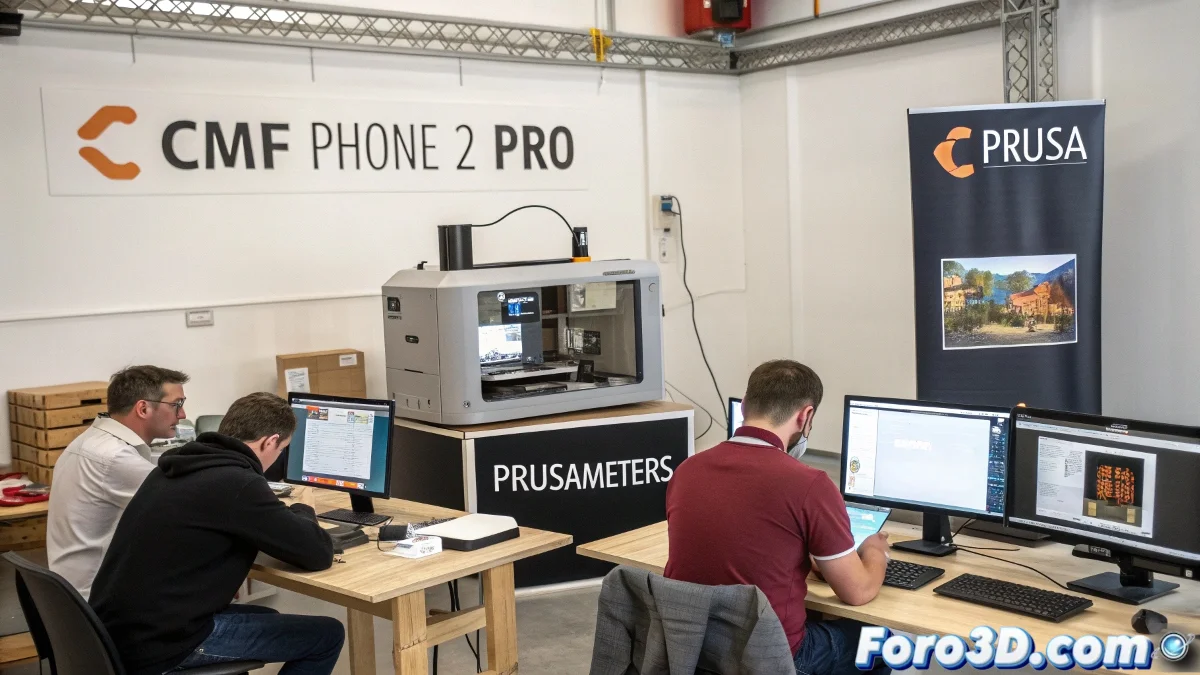 Diseñador trabajando en un accesorio modular para teléfono en software 3D, con impresora 3D en segundo plano imprimiendo un prototipo del diseño.