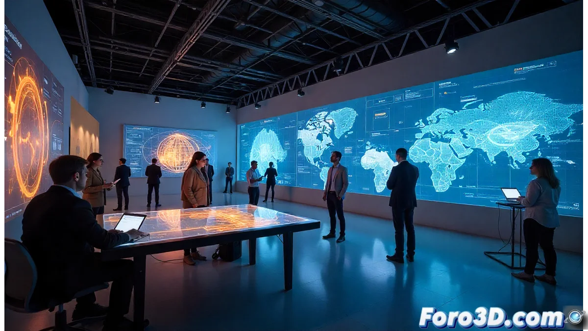 Profesionales de ingeniería colaborando en un moderno espacio de conferencias con pantallas digitales mostrando diseños técnicos innovadores y prototipos 3D