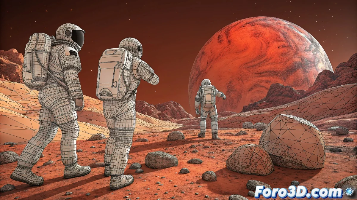 Ilustracion digital en Corel Painter de tres astronautas examinando una roca en la superficie de Marte, con trajes espaciales detallados y una atmosfera polvorienta iluminada por la luz solar.
