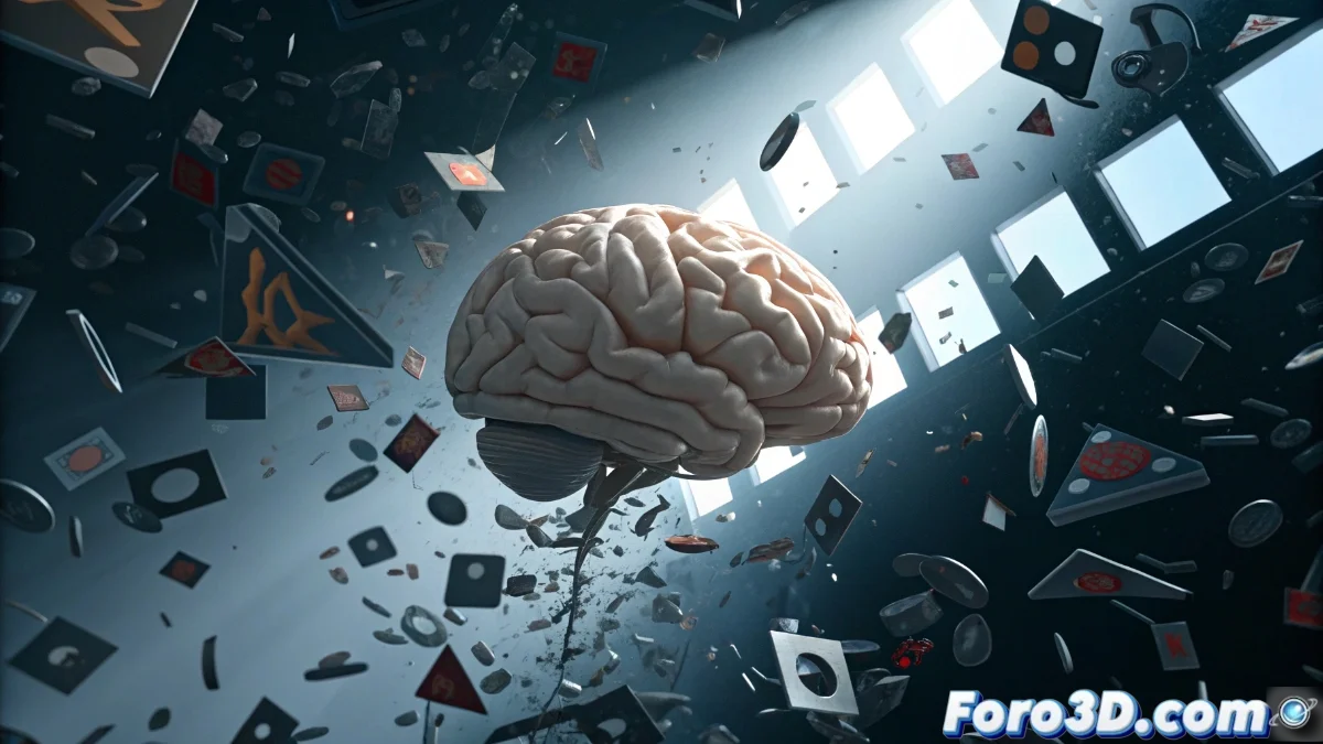 Ilustración abstracta que muestra un cerebro humano procesando imágenes de marcas con elementos contradictorios, destacando conexiones neuronales interrumpidas por diseños incoherentes.