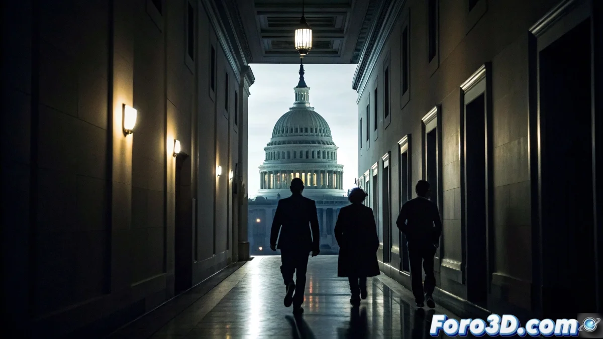 Pasillo oscuro del Congreso con hologramas digitales representando sistemas de vigilancia fronteriza flotando en el aire, con siluetas humanas siendo escaneadas por tecnología biométrica