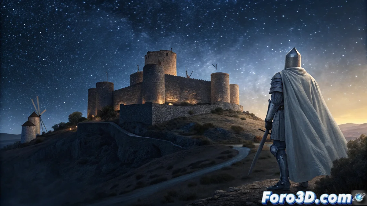 Escena 3D interactiva de Consuegra en Unity mostrando molinos de viento animados y castillo medieval con efectos de partículas para el fantasma del caballero.