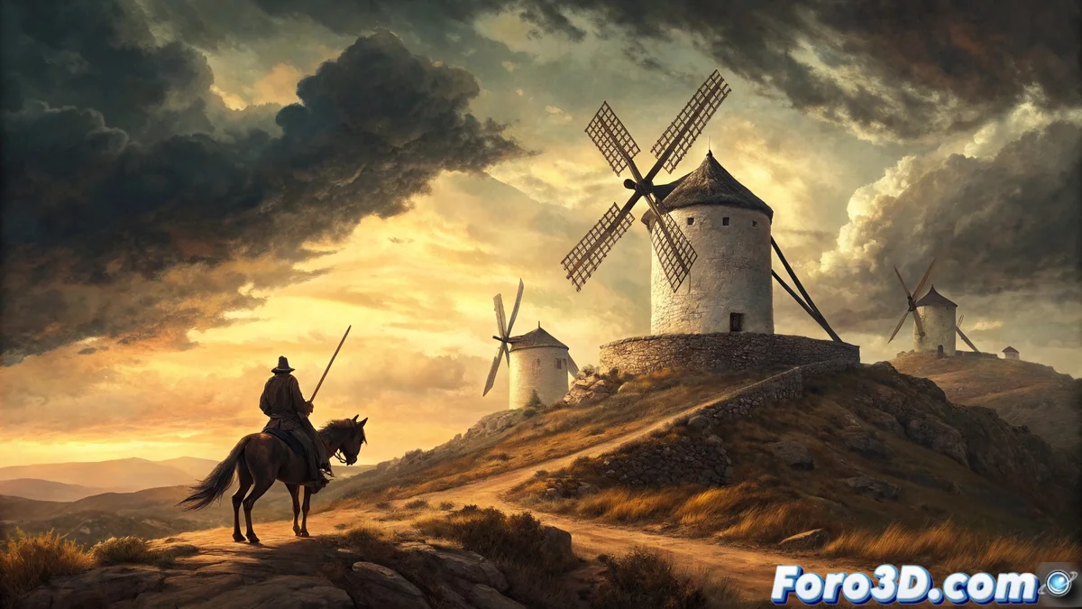 Escena 3D interactiva de Consuegra en Unity mostrando molinos de viento animados y castillo medieval con efectos de partículas para el fantasma del caballero.
