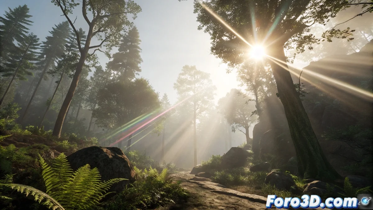 Ejemplo visual de Lens Flare en Unreal Engine 5 mostrando destellos de luz realistas alrededor de una fuente luminosa intensa en una escena 3D