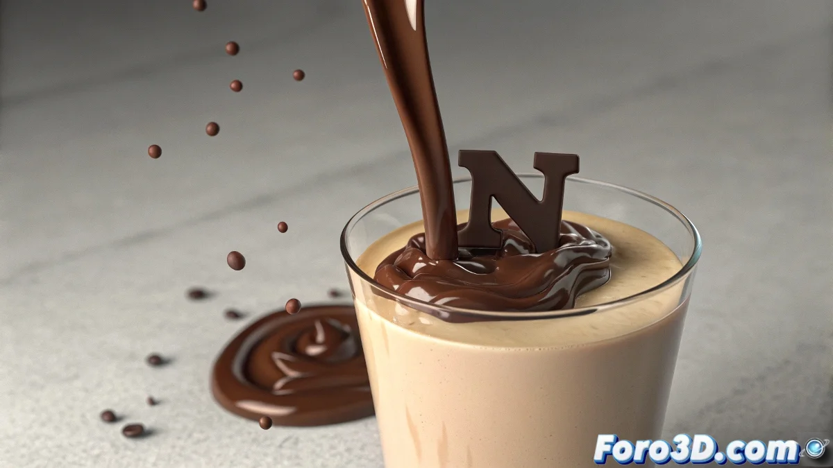 Simulación en RealFlow mostrando hilo de chocolate espeso formando letra N al caer sobre vaso de frappé siguiendo trayectoria controlada