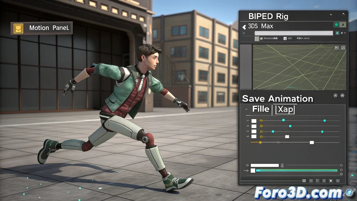 Captura de pantalla de 3ds Max mostrando el panel Motion con la opción de guardar animación en formato XAF resaltada, junto a un personaje con rig Biped en pose animada.