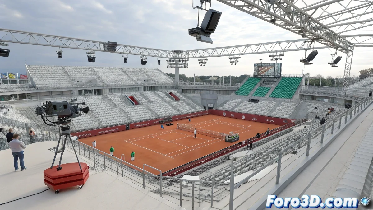 Plano en AutoCAD de un estadio de tenis con canchas, jugadores y gradas en vista alzada y perspectiva, mostrando detalles tecnicos y anotaciones.