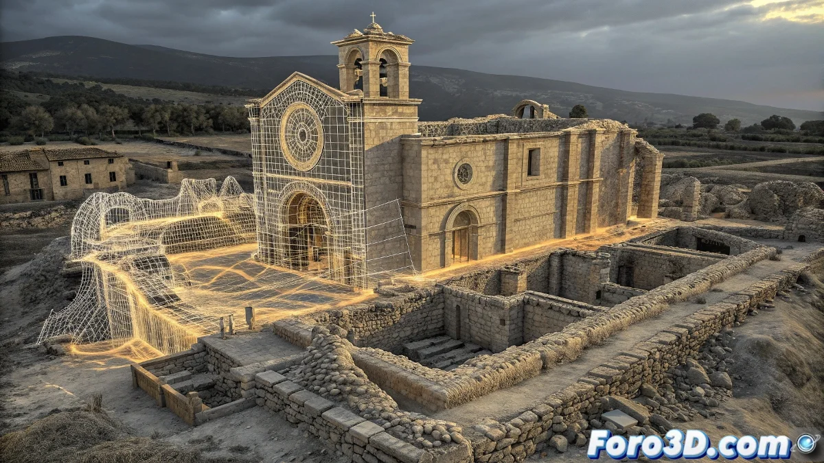 Plano técnico en AutoCAD del Poble Vell de Corbera d'Ebre mostrando las ruinas de la iglesia de San Pedro y calles destruidas con capas de información histórica y marcas de metralla
