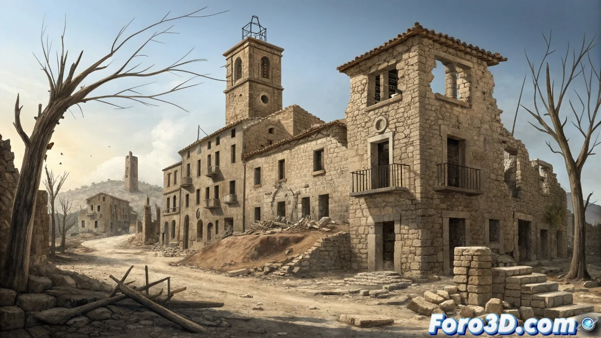Plano técnico en AutoCAD del Poble Vell de Corbera d'Ebre mostrando las ruinas de la iglesia de San Pedro y calles destruidas con capas de información histórica y marcas de metralla