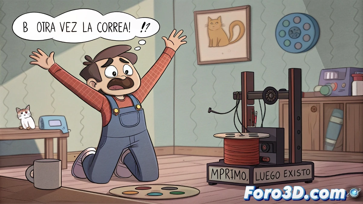 Imagen de una impresora 3D con una correa rota y herramientas para su reparación.