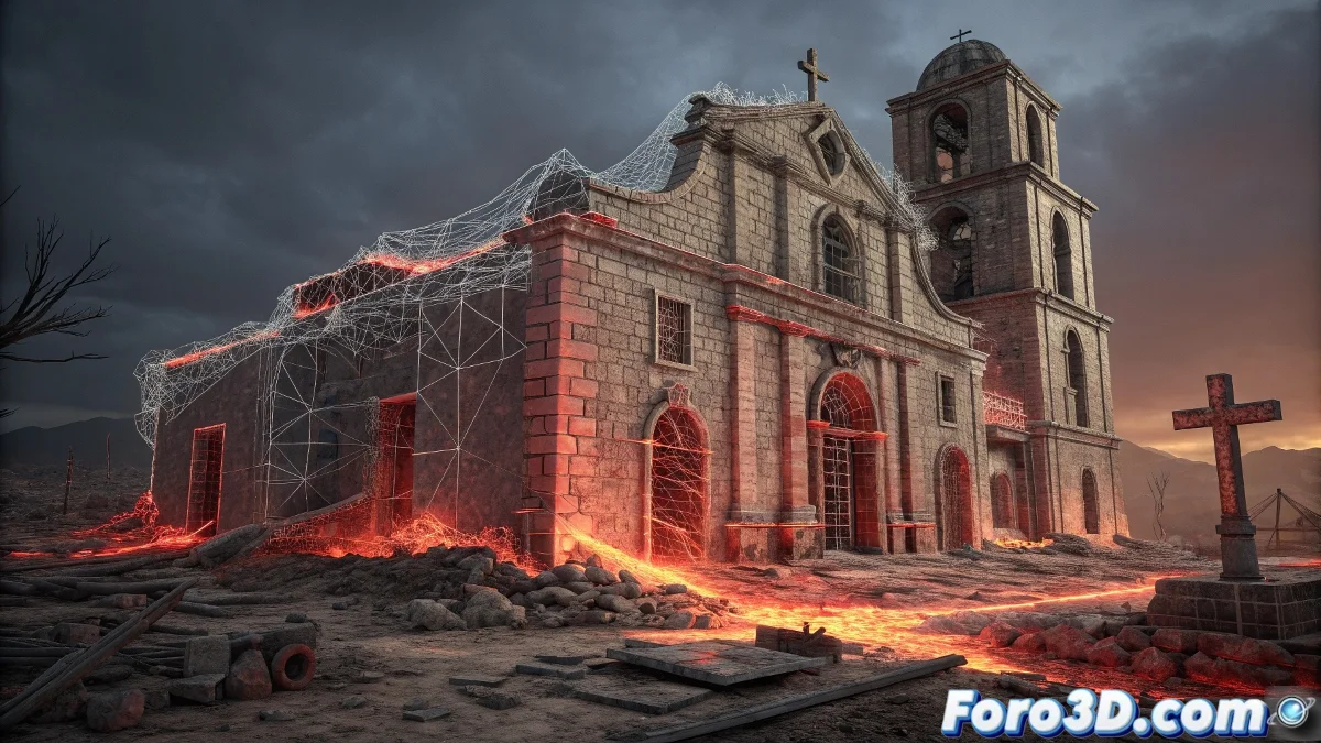 Captura de Unreal Engine mostrando el Cortijo del Fraile al atardecer con iluminación dramática, efectos de partículas y sombras que evocan la tragedia lorquiana