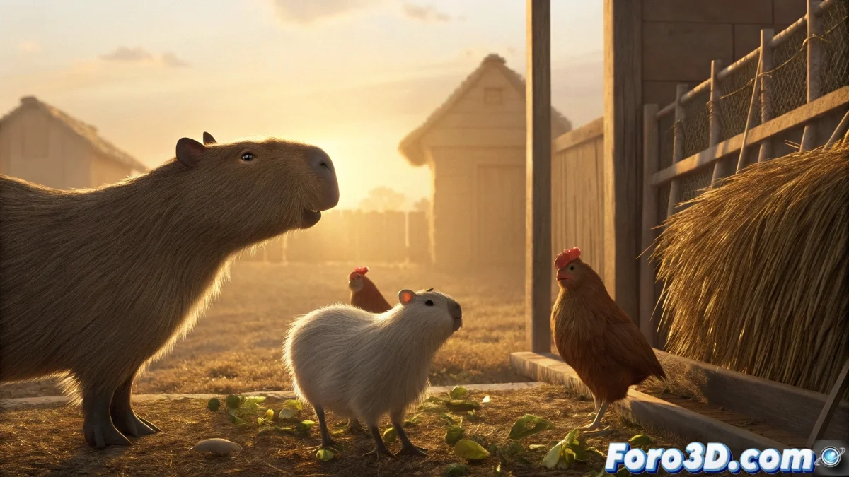 Fotograma del cortometraje Capybaras mostrando a los personajes principales interactuando en el gallinero, con un estilo visual cálido y texturas detalladas.