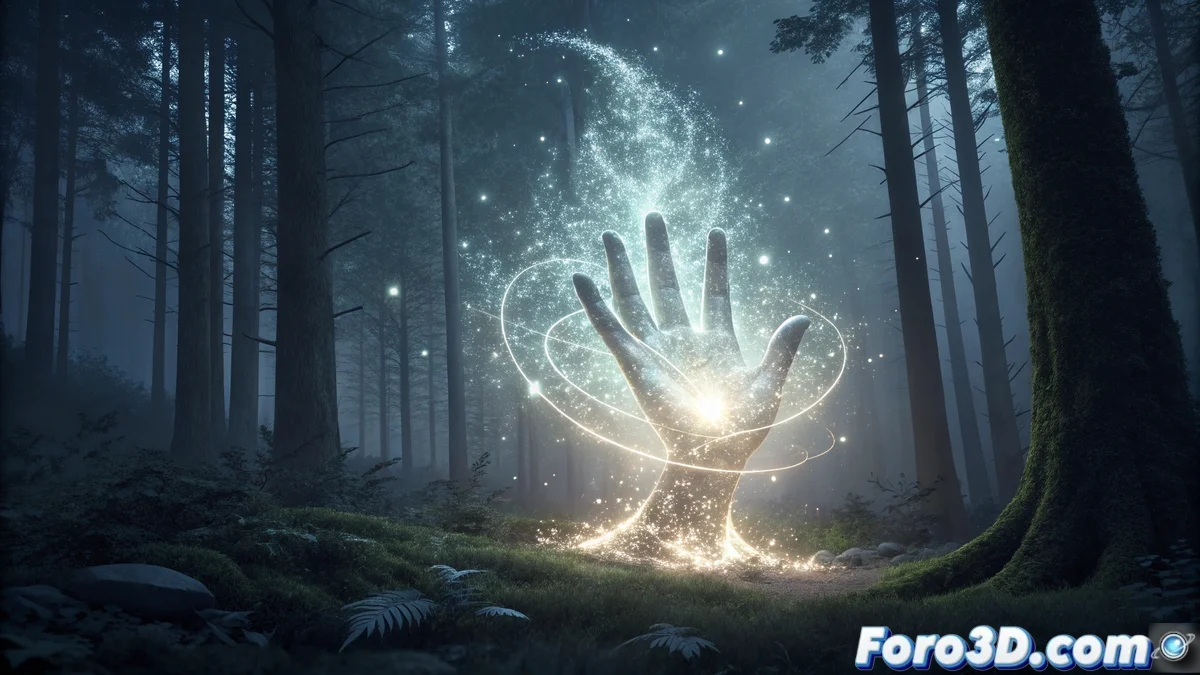 Render 3D de energía mágica azul y dorada fluyendo desde una esfera emisora, con partículas brillantes y efectos volumétricos en Blender