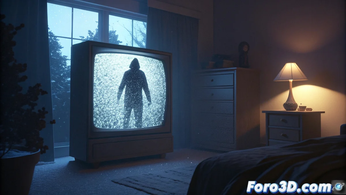 Render en voxel de un televisor de tubo catódico años 90 mostrando estática, con un fantasma azul eléctrico emergiendo de la pantalla en una habitación oscura con antena desajustada, iluminación tenue y efectos de nieve visual.