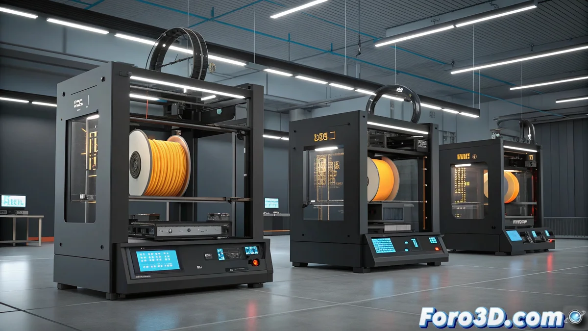 Logotipo de Creality junto a impresoras 3D de escritorio y gran formato mostrando prototipos y piezas impresas de alta precision