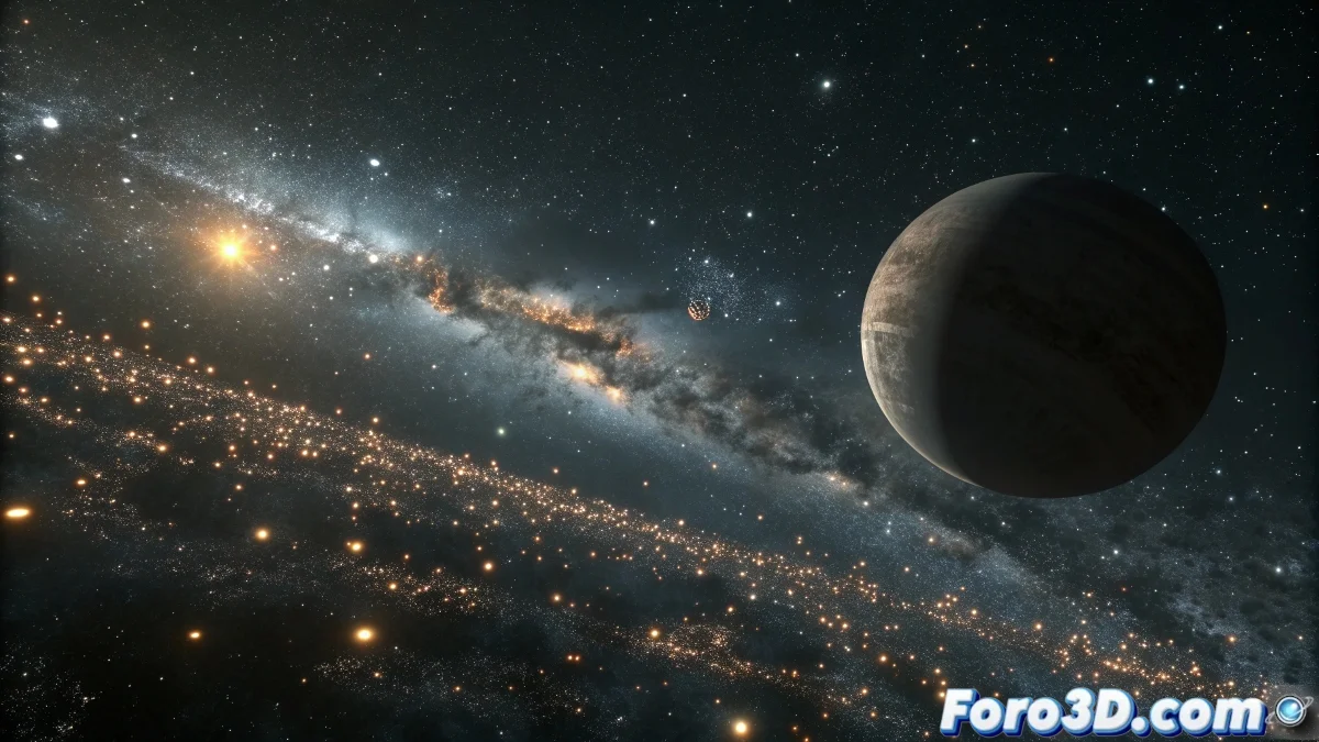 Animación espacial en Blender mostrando galaxia en rotación con estrellas, nebulosas y efectos de explosión estelar