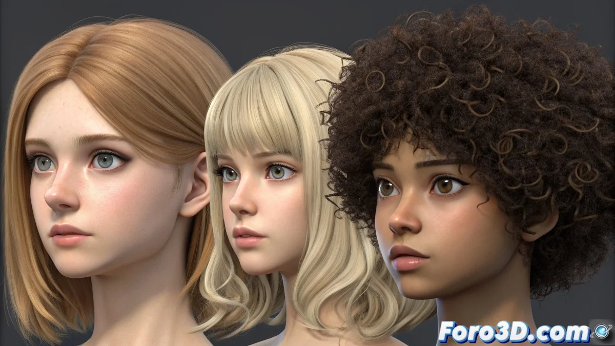 Comparación de cuatro tipos de cabello en Blender: liso, ondulado, rizado y afro, mostrando configuraciones de partículas y materiales diferentes