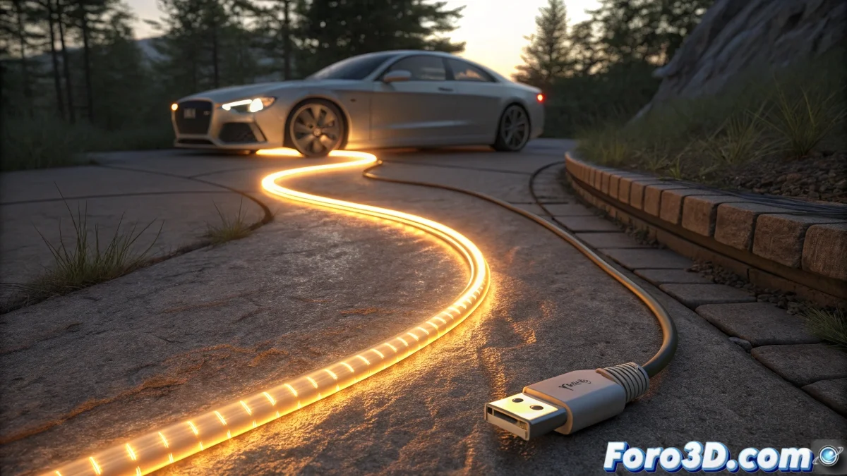 Render 3d de un cable eléctrico luminoso en espiral con efecto de energía azul que fluye a lo largo de su superficie, sobre fondo oscuro.
