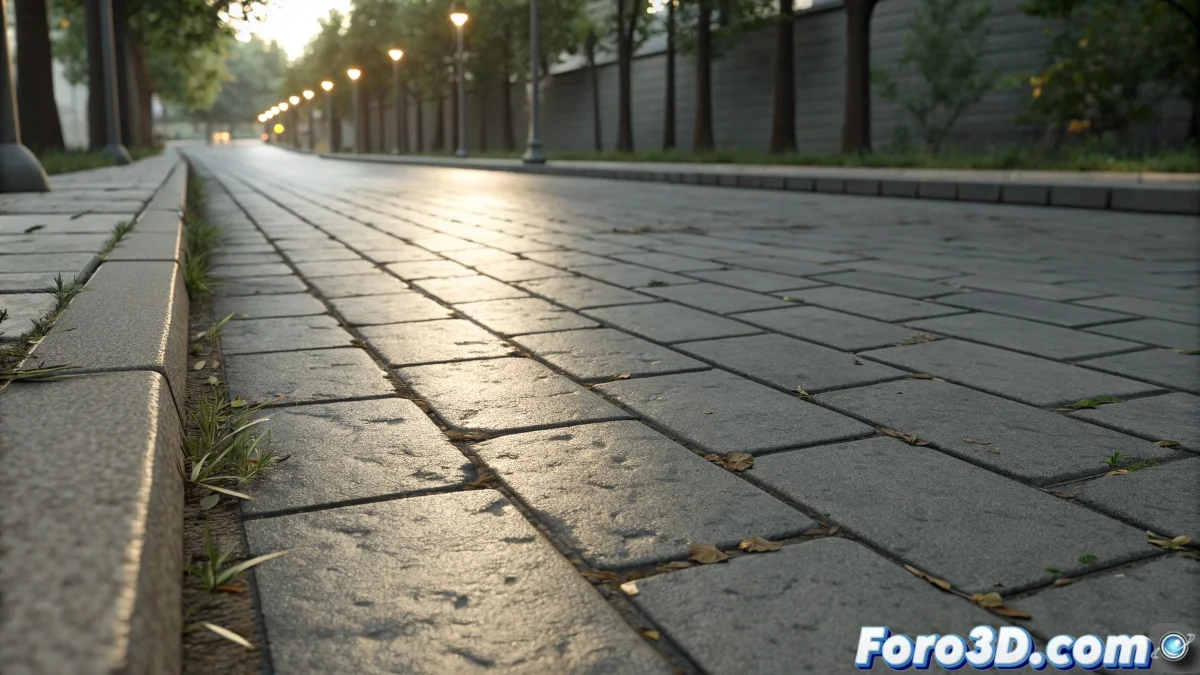 Proceso de creación de textura de acera en Blender mostrando nodos procedurales y resultado final realista para entornos urbanos