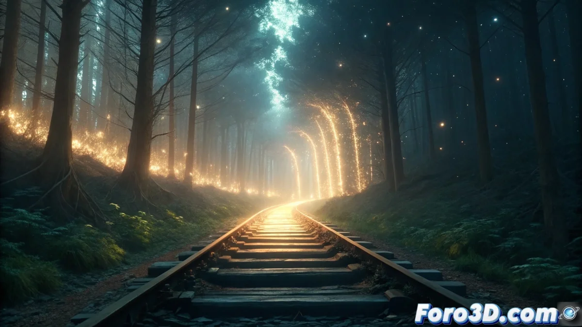 Vista en perspectiva de un personaje generando un trail mágico deformable desde un hueso de la mano en Unreal Engine 5, mostrando el flujo de partículas y la geometría distorsionada.