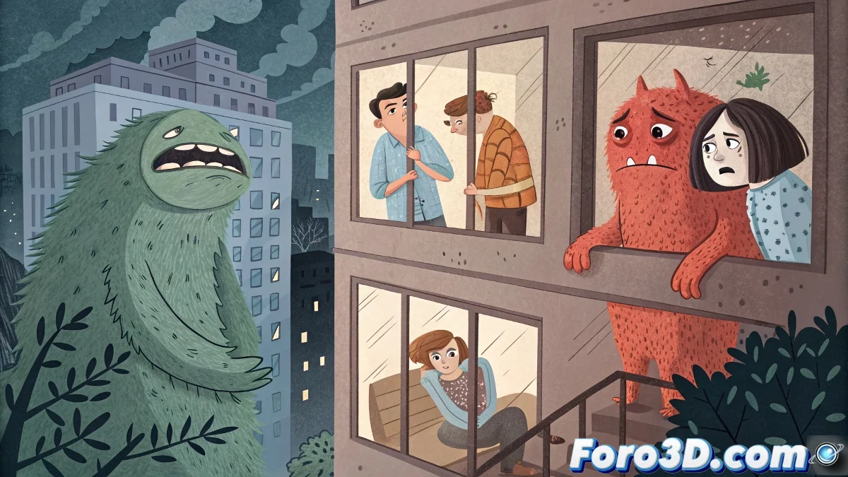 Ilustración de cuatro personajes rodeados por criaturas abstractas que representan diferentes emociones, con estilo de collage y texturas superpuestas.